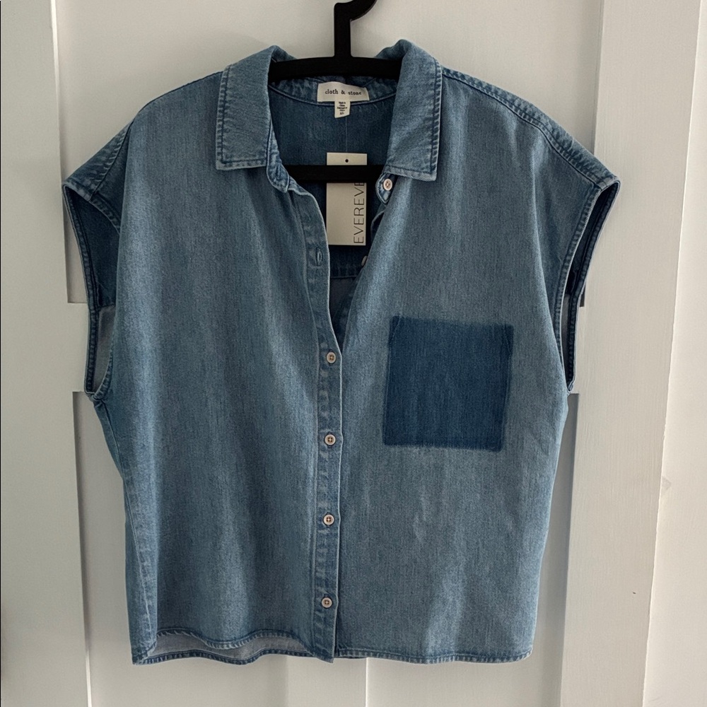 NWT Women's Cloth and Stone Reworked Denim Short Sleeve Shirt, XL